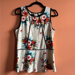 Anthropologie White Floral Peplum Top Size L EUC